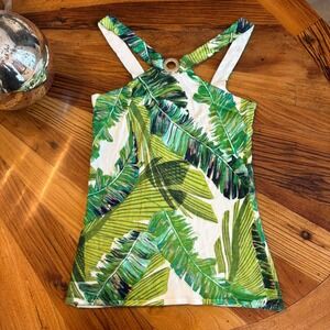 Cache Tropical Palm Leaf Print Halter Tank Top Green White Gold Metallic Medium